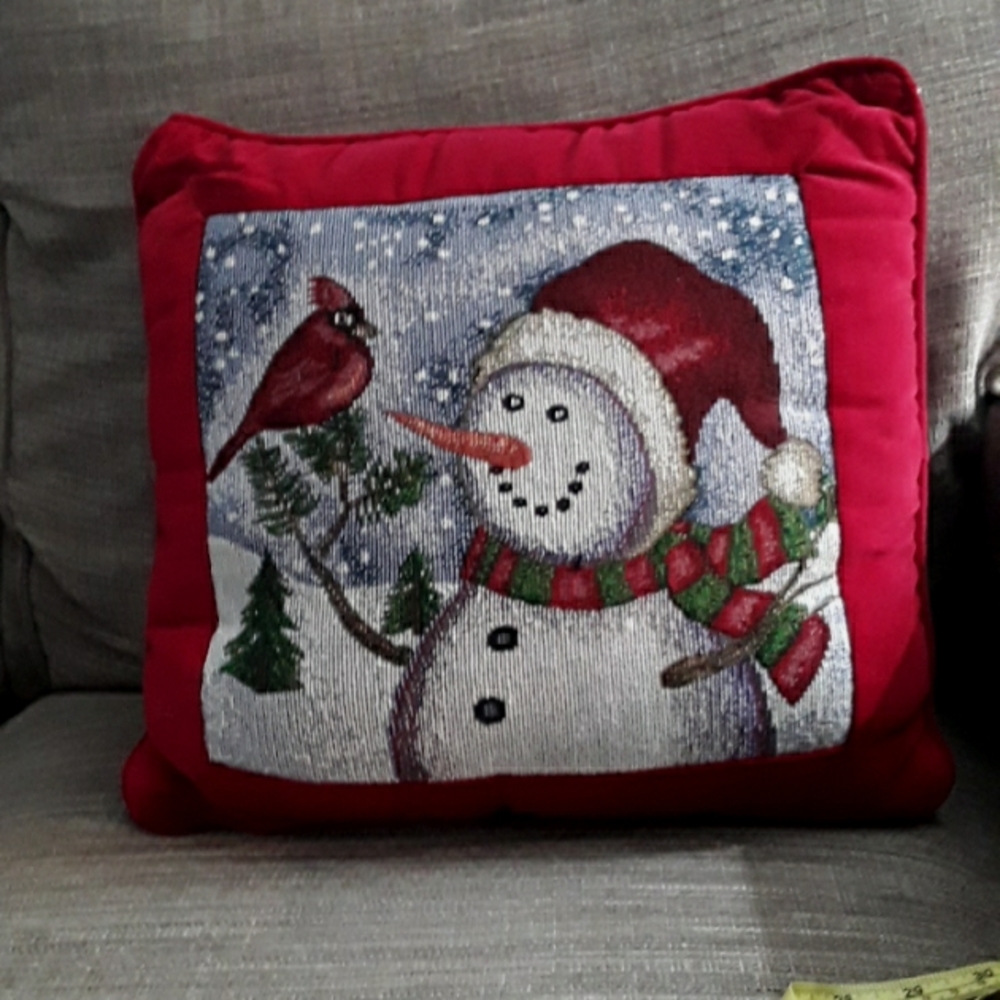Snowman and Cardinal Tapestry Christmas Pillow